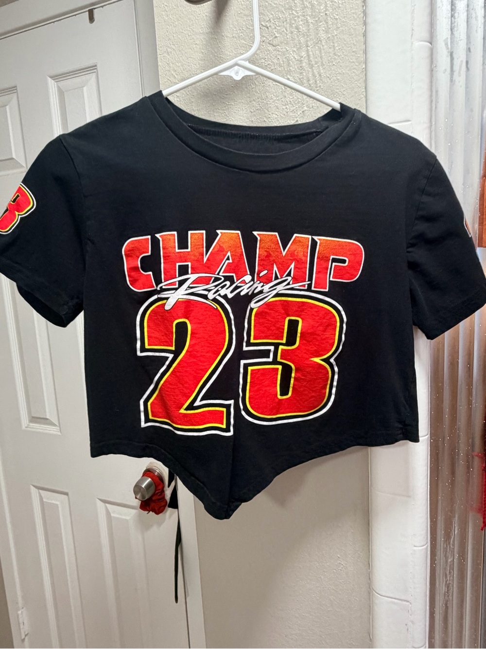 On Fire Black Cropped Racing Tee with Red and Yellow Graphics